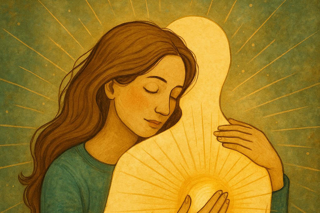 Mystisch-natürliche Illustration mit sanften Farben – Darstellung einer inneren Seelenlandschaft, verbunden mit Natur und Herzenergie, Seele