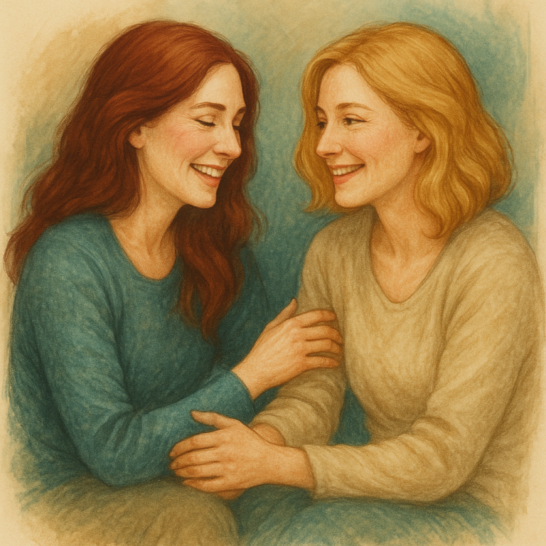 Zwei Frauen in Gesprächsszene mit Petrolfarben – Darstellung von Empathie, Vertrauen und herzlicher Beratung bei Seelenfreid Spirituelle Leb